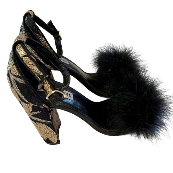 Steve Madden Carabu Black Chunky Heel Gold Floral Feathers  Wm's Size 7.5 - Picture 7 of 9